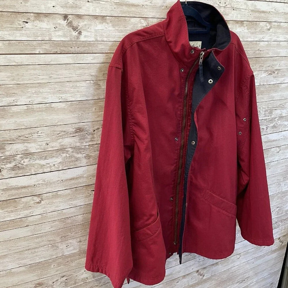 Eddie Bauer Mens S Jacket Red Canvas Coat Navy Lined Full Zipper & Snap Closure - Picture 2 of 12